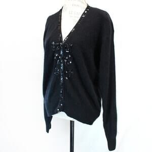 Robinson's Vintage Black Sequin Bow Cardigan Silk Angora Medium Holliday Glam